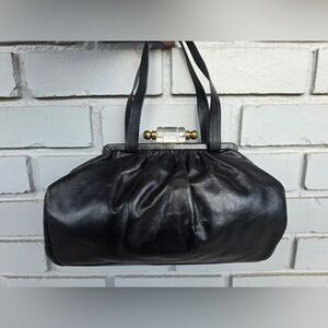 Vintage Black Leather Handbag with Lucite & Brass Frame Clasp | Mid-Century